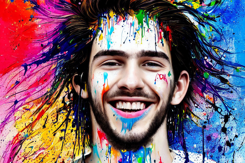 Bearded man covered in colorful paint on vibrant backdrop