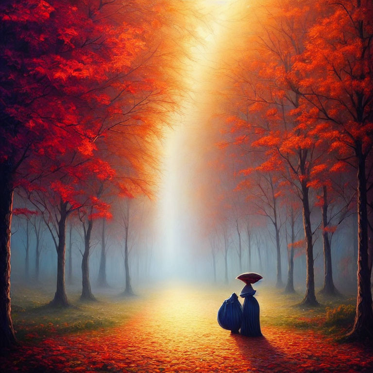 Person in traditional attire on vibrant red-leafed path in misty forest with sunlight.