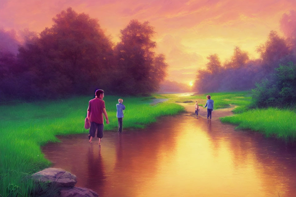 Tranquil sunset scene: People walking by water path in lush greenery