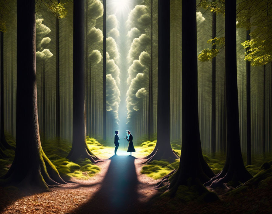 Silhouetted figures on forest path under dramatic light beam