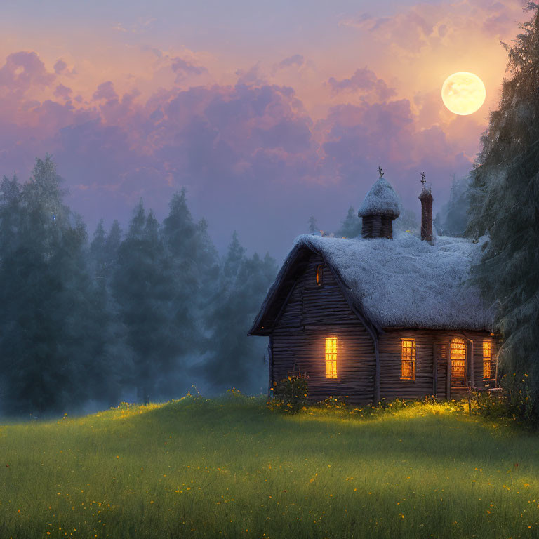 Cozy wooden house in snowy meadow at dusk