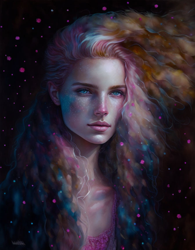 Multicolored hair nebula woman in cosmic setting