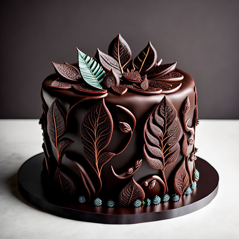 Chocolate cake with leaf designs and blue beads on black base