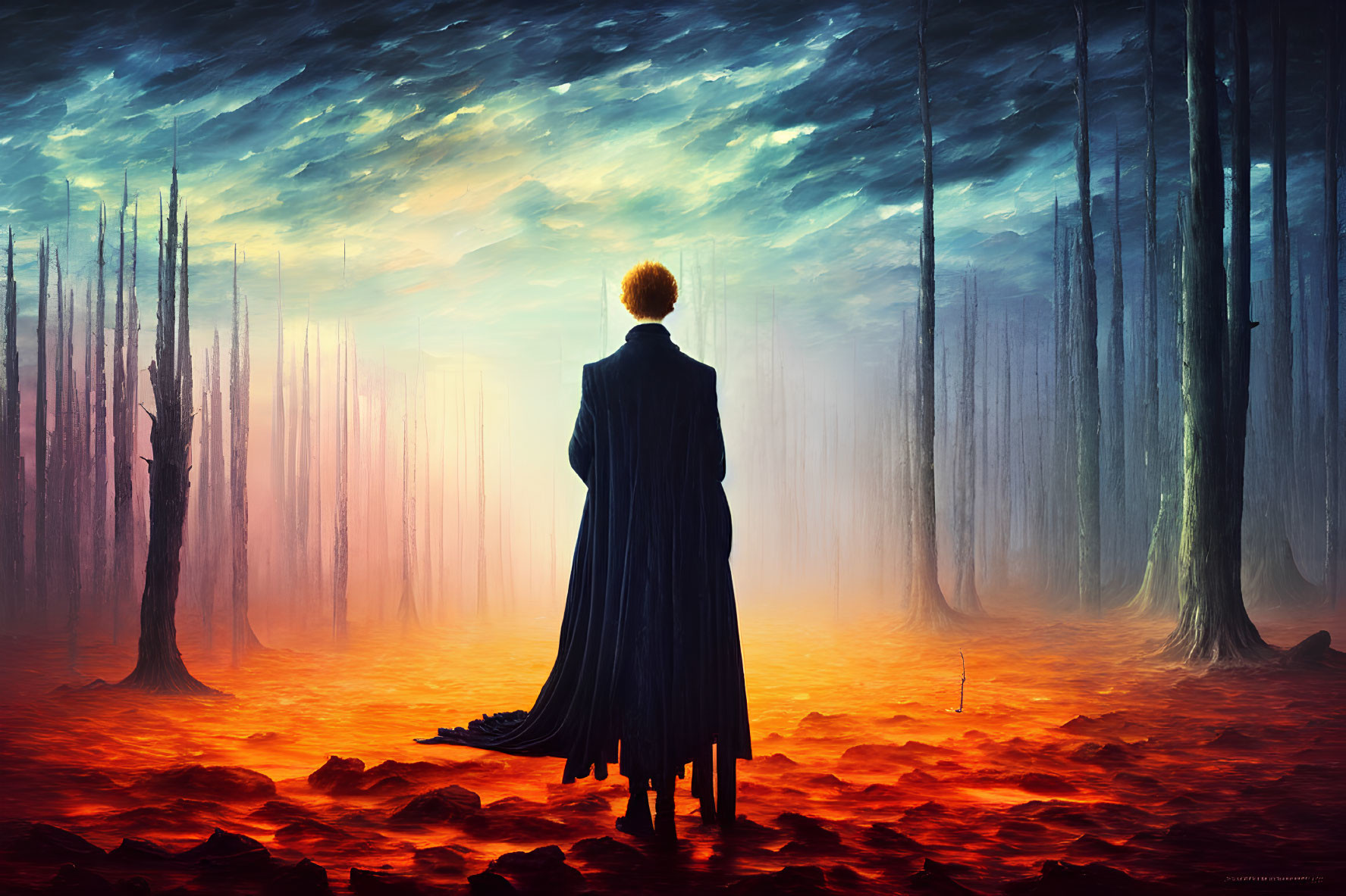 Figure in Black Coat Contemplating Surreal Forest Scene