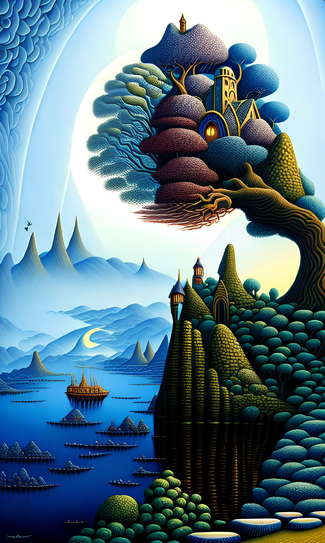 Surreal moonlit landscape with whimsical trees, castles, and ship