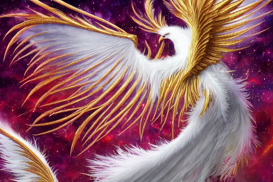 Mythological white bird with golden wings in cosmic purple background