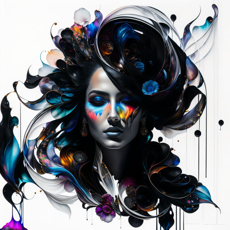 Vibrant surreal illustration of woman with flowing hair and flowers