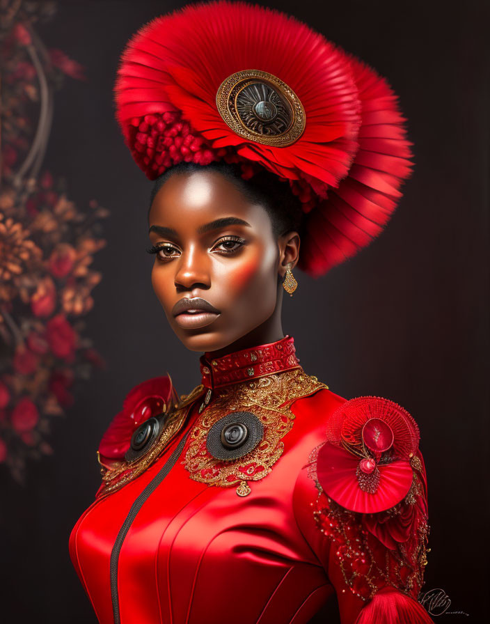 Elaborate red attire with golden embroidery on woman against dark background