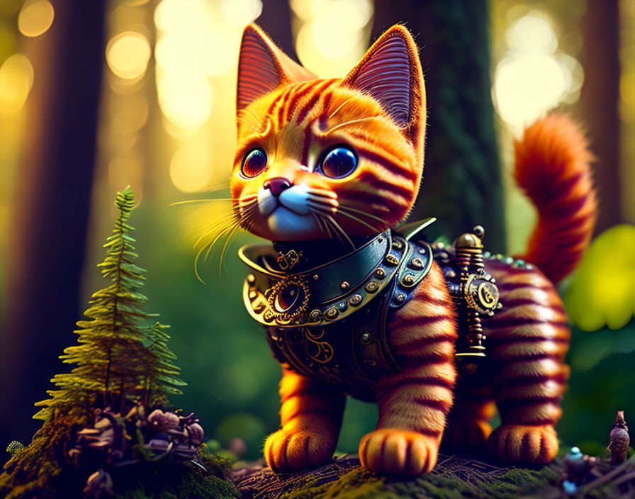 Digital Artwork: Orange Striped Cat in Armor in Mystical Forest