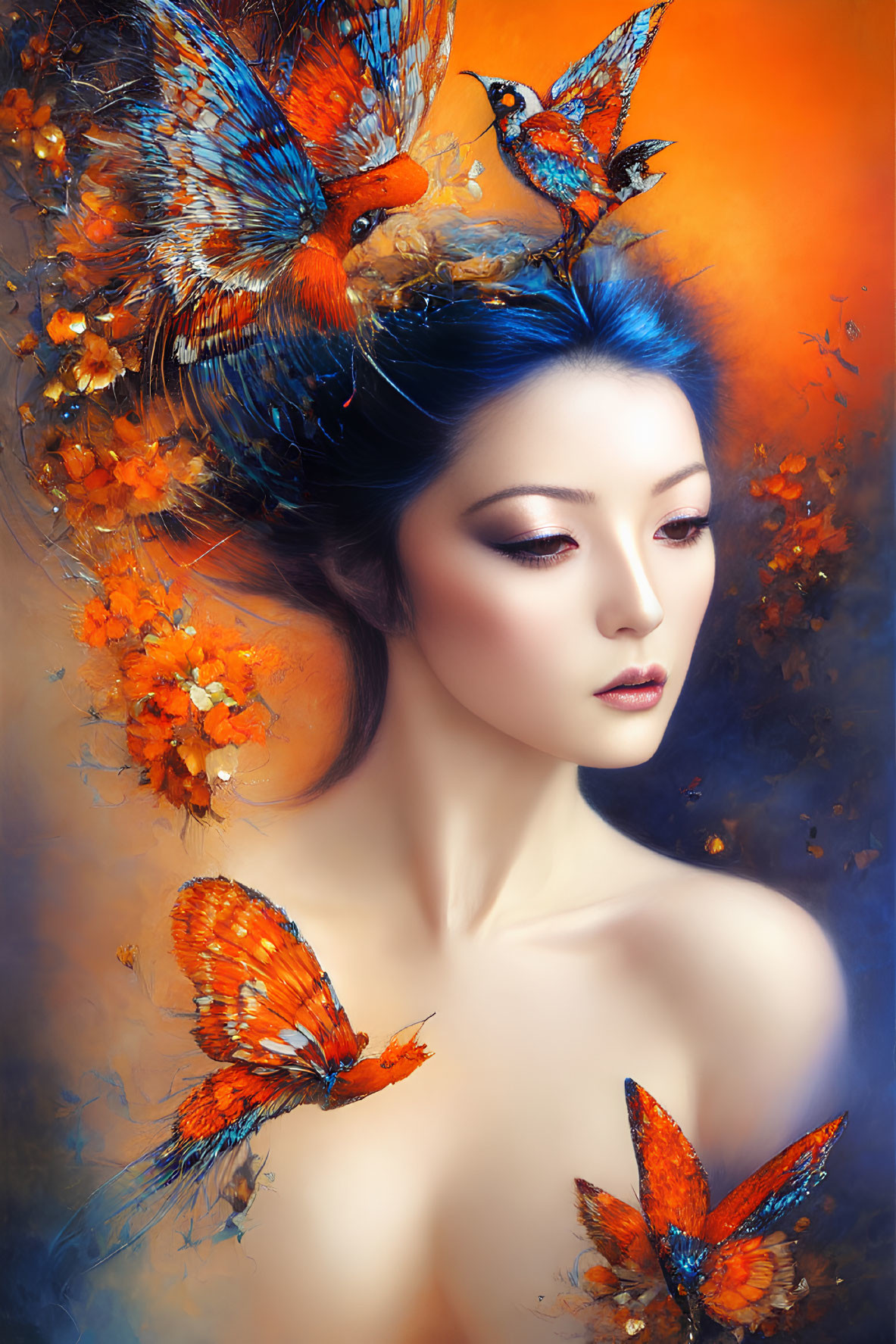 Woman with Vibrant Blue Hair, Orange Flowers, and Butterflies on Colorful Background