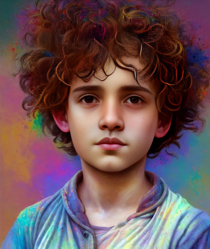 Young individual with curly hair and tie-dye shirt surrounded by colorful dust