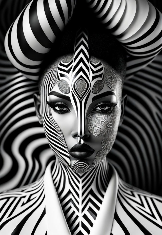 Monochrome image featuring intricate black and white patterns on a person, headpiece, and garment.