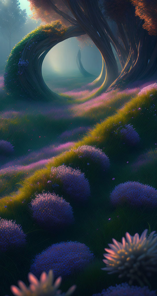 Fantasy landscape with glowing purple flowers and whimsical tree arches