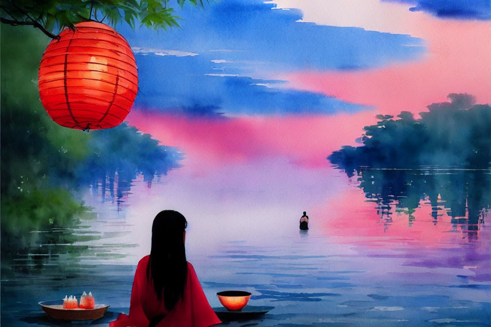 Tranquil illustration of woman by lake at sunset