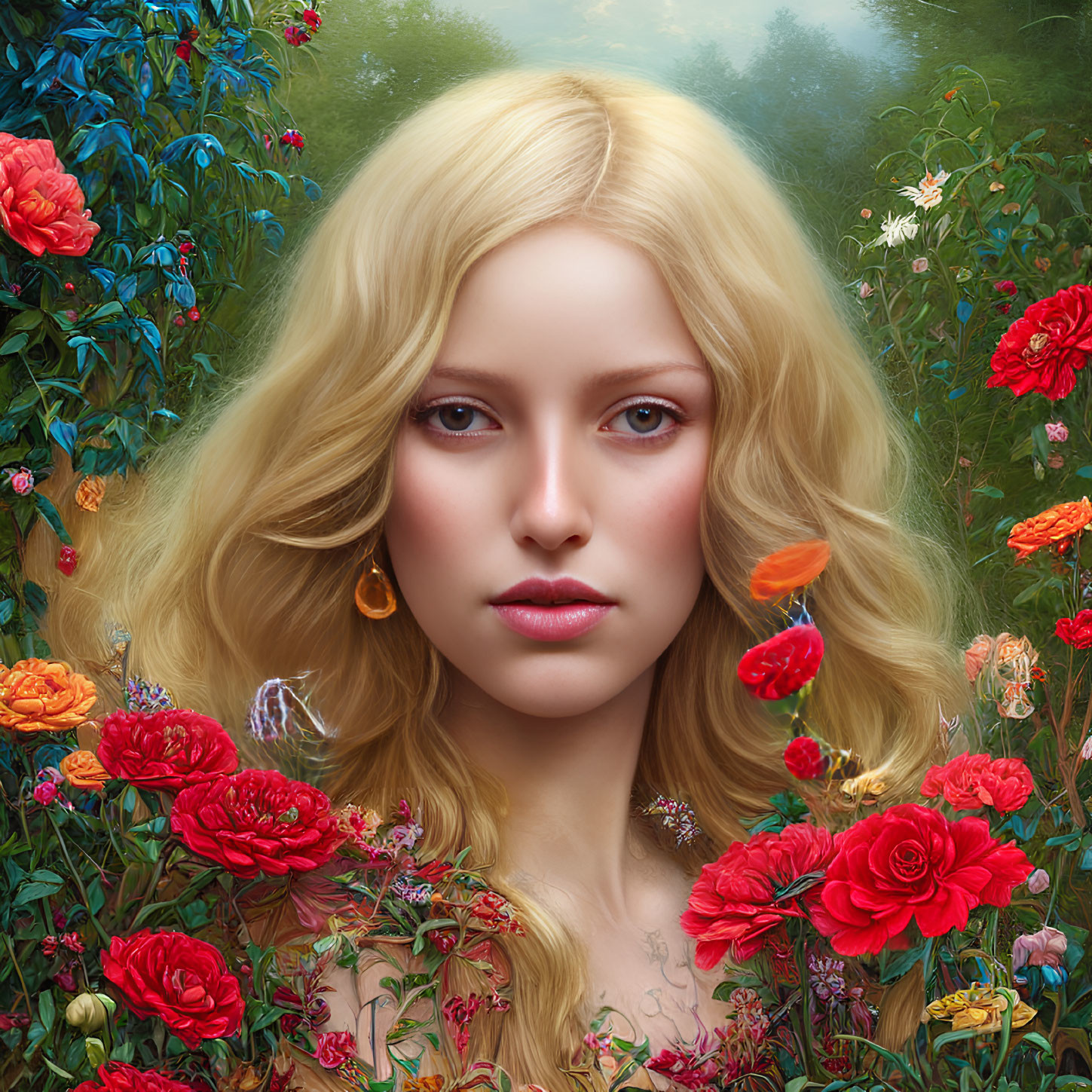 Blonde Woman Portrait Among Colorful Flowers