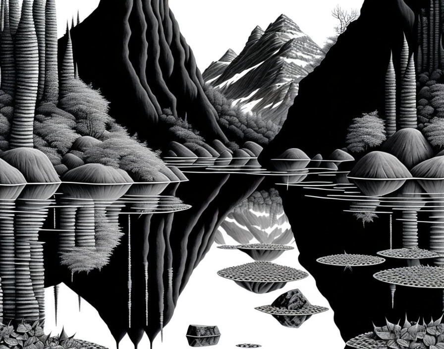 Mirrored mountains and spiky trees in tranquil monochrome landscape