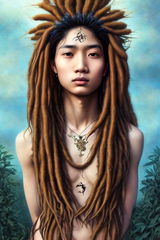 Person with Long Dreadlocks and Horned Pendant Necklace in Blue Foliage Setting