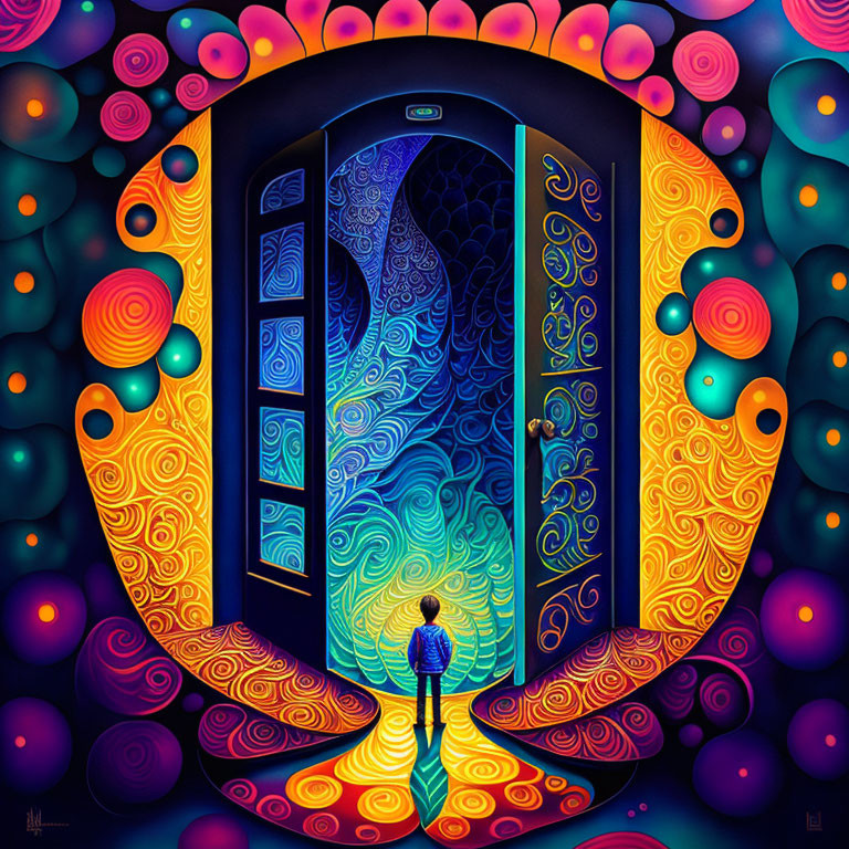 Vibrantly colored portal with swirling patterns and spherical shapes