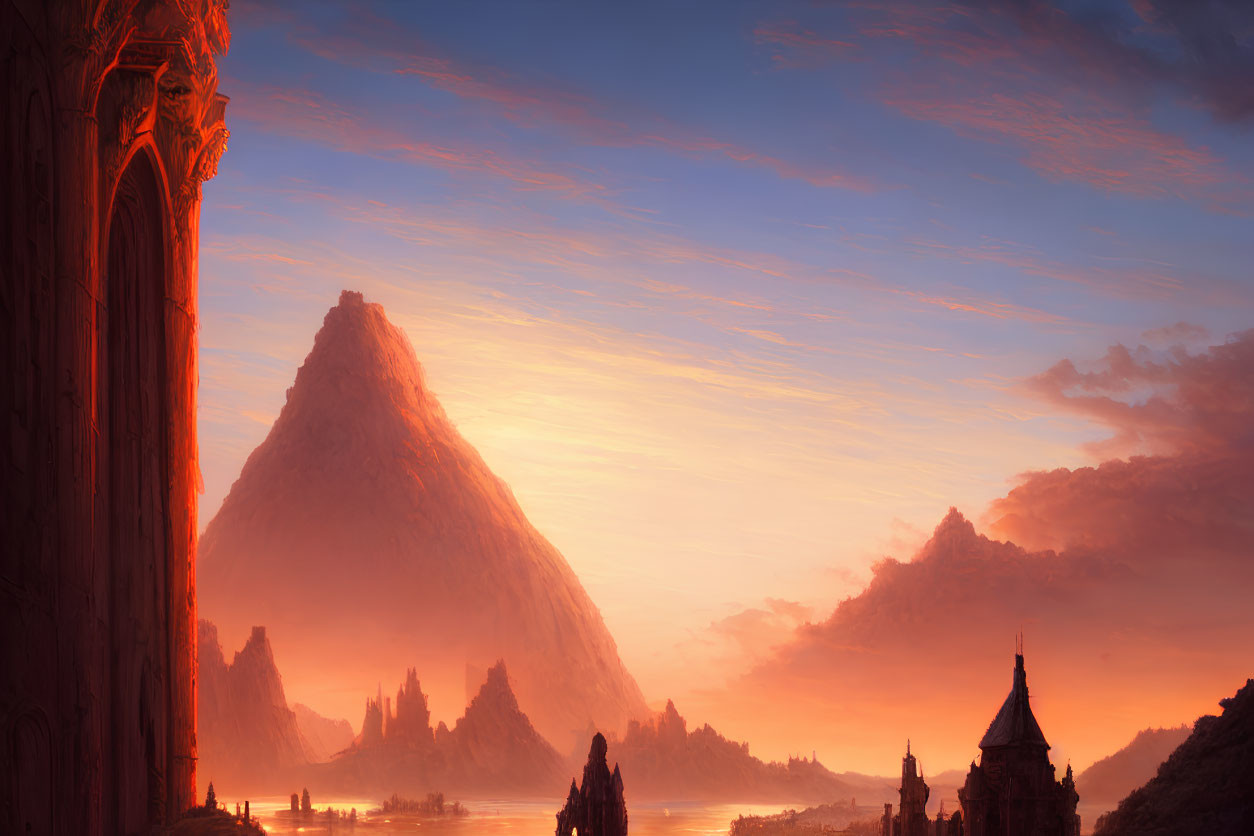 Vibrant sunset over majestic fantasy landscape