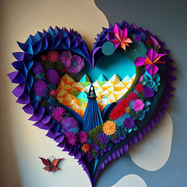 Vibrant 3D paper art of layered heart with intricate designs and bird figure