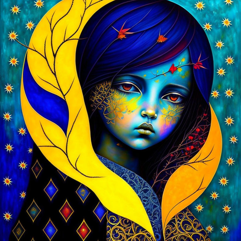 Vibrant artwork: girl with blue skin, gold patterns, yellow cloak, blue background