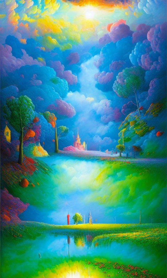 Colorful landscape with trees, river, castle, and sun in vibrant hues