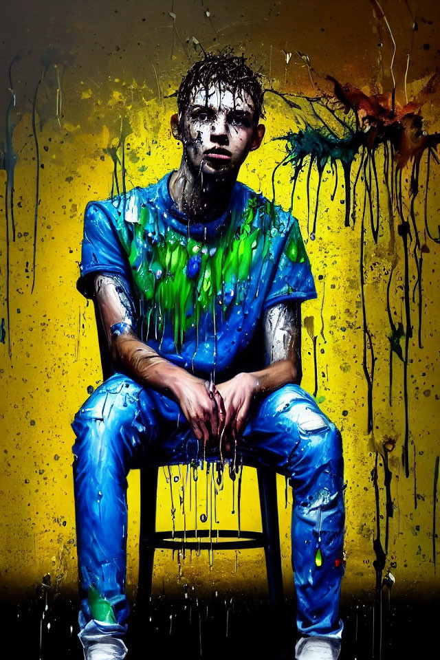 Colorful paint splattered person on stool against yellow background