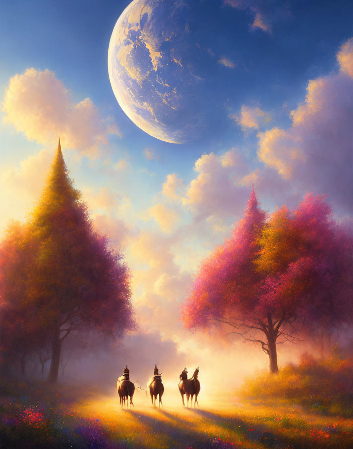 Three riders on horseback in dreamy landscape under large planet.