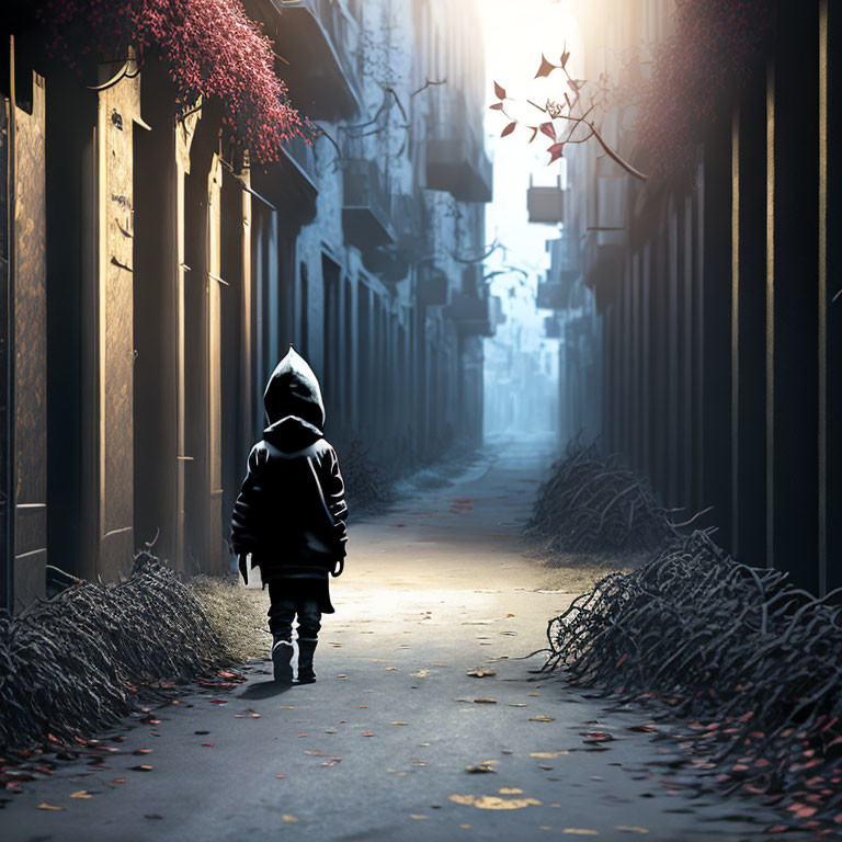 Child in Hoodie Alone in Illuminated Alley Between Buildings