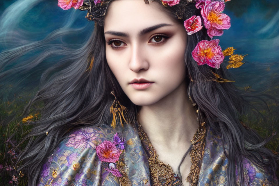 Digital artwork: Woman with gray hair, floral headdress, intricate garments, mystical background