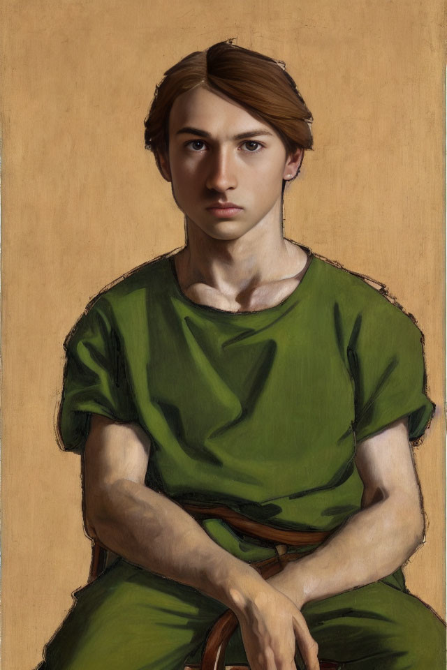 Young Man in Green Tunic Against Beige Background