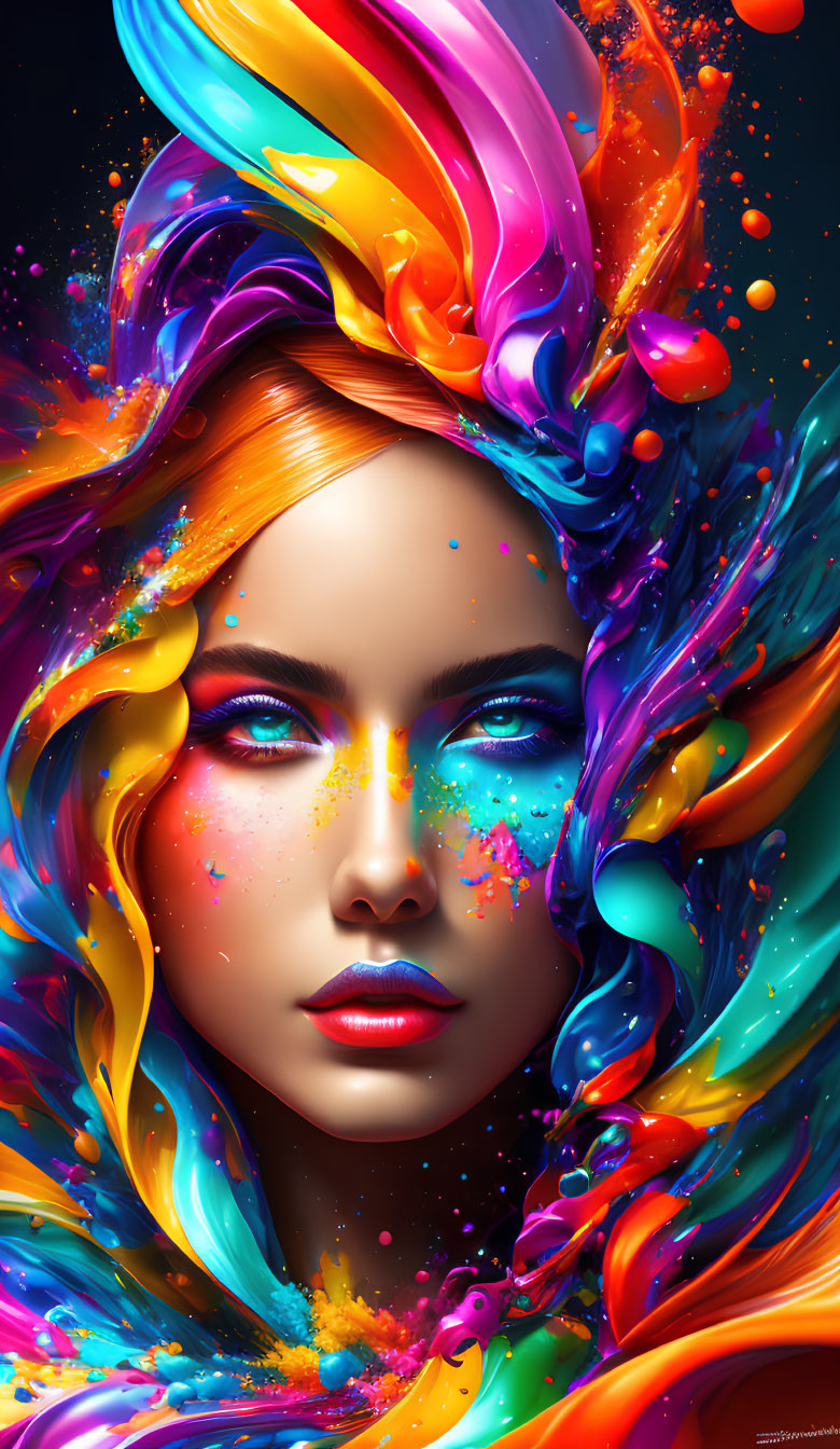 Colorful digital portrait of a woman with rainbow hair and artistic vibe