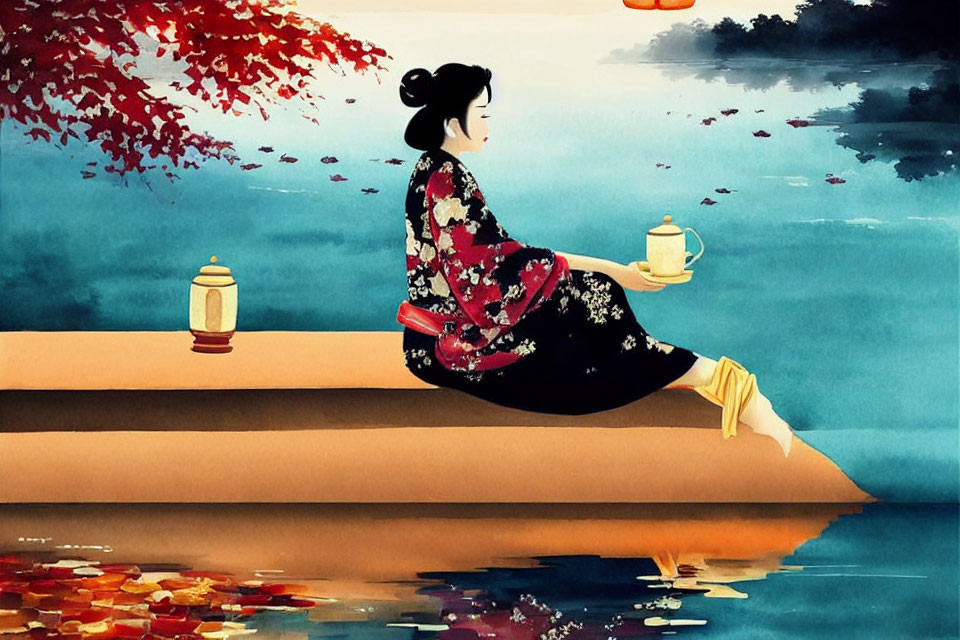 Woman in traditional kimono with teapot on dock amid autumn leaves