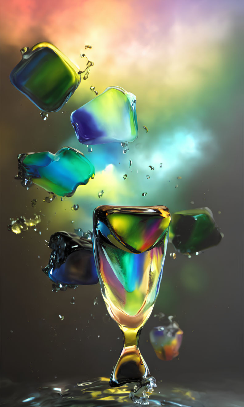 Vibrant ice cubes splash into glass with rainbow backdrop