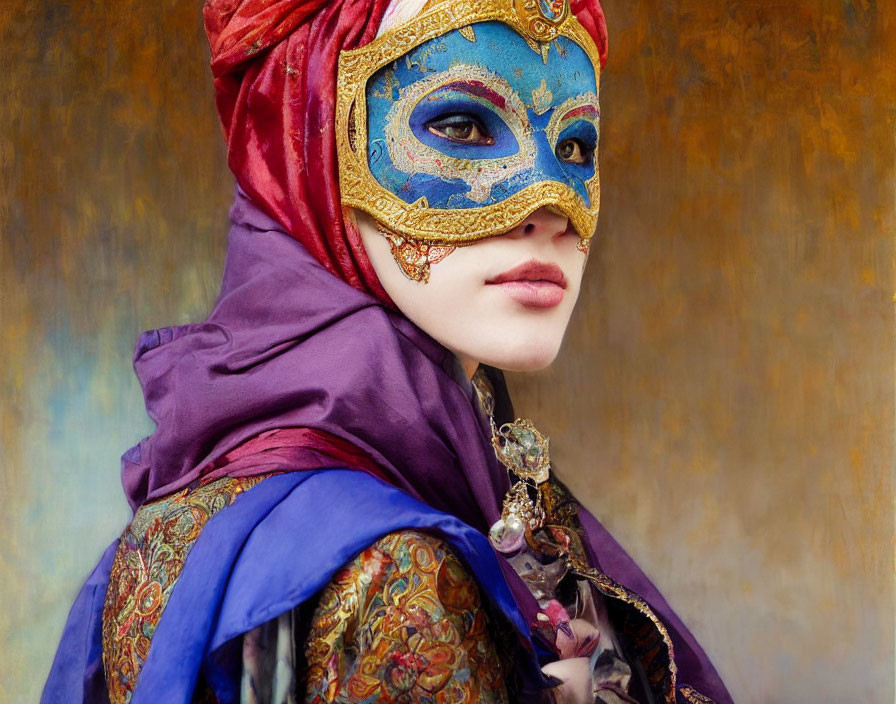 Colorful Venetian mask and vibrant headscarf on mysterious figure