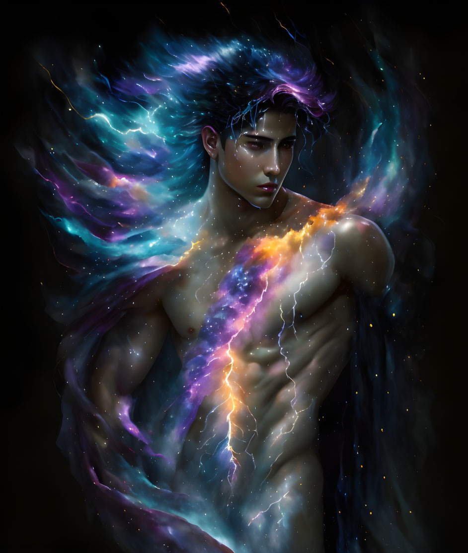 Fantasy illustration: Man with cosmic hair & nebula swirls.