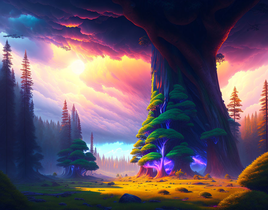 Colorful Sunset Sky Over Giant Tree and Luminous Trees in Mystical Landscape