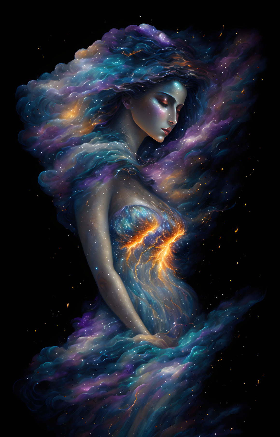 Celestial woman immersed in cosmic nebula with stars and galaxies intertwined