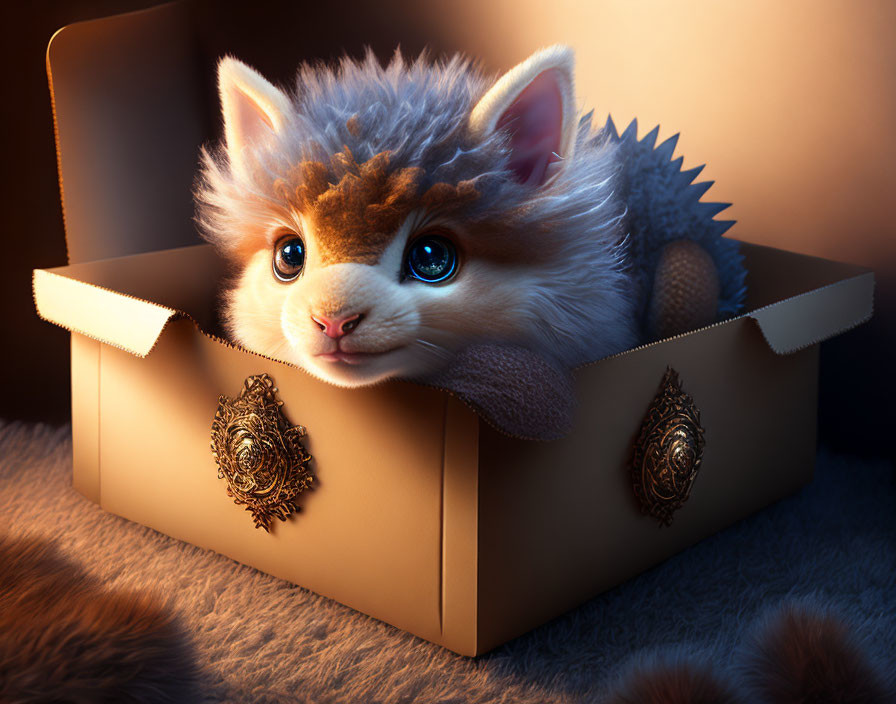 Fantasy creature with cat-like features in ornate cardboard box