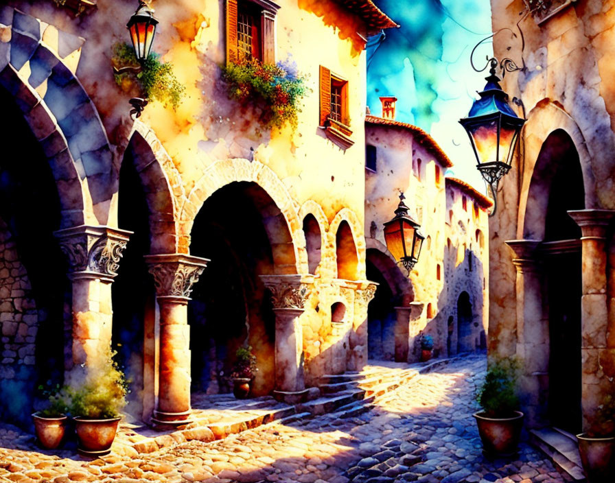 European alley painting with cobblestone steps and street lamps