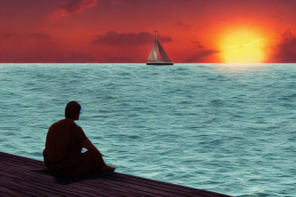 Individual in orange observing sailboat at sunset on pier