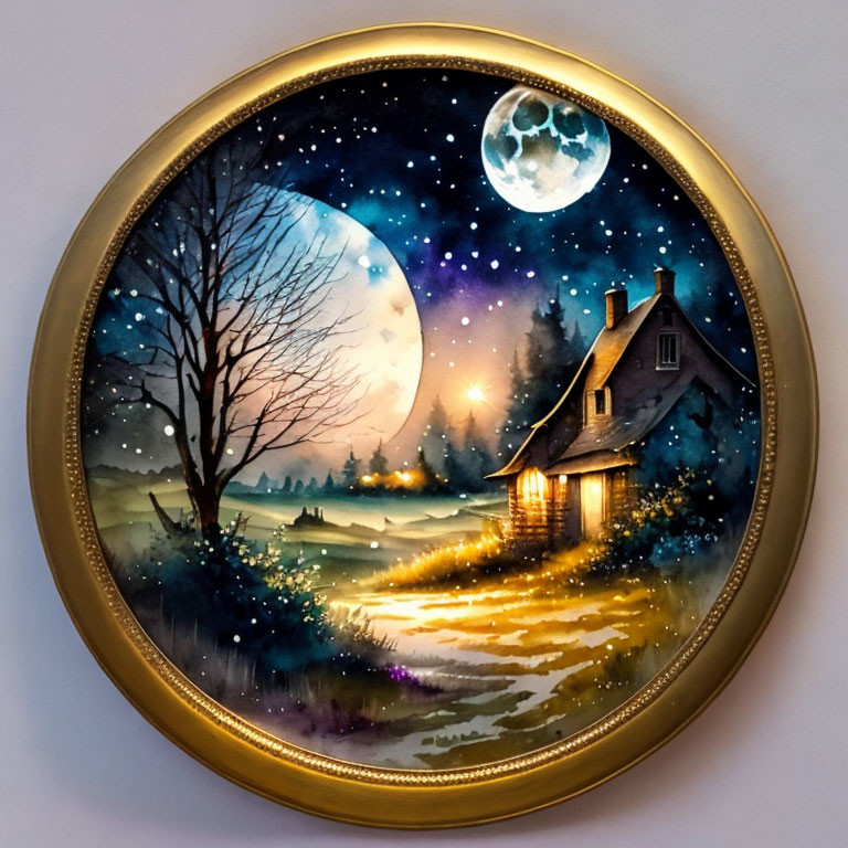 Circular Full Moon Night Scene Painting in Gold Frame