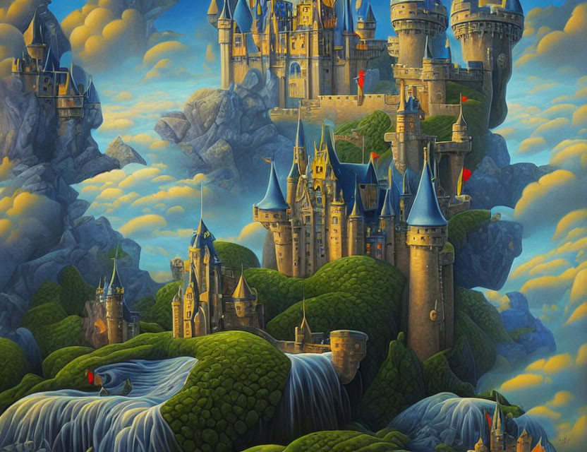 Whimsical fantasy landscape with blue spire castles, floating islands, and waterfalls