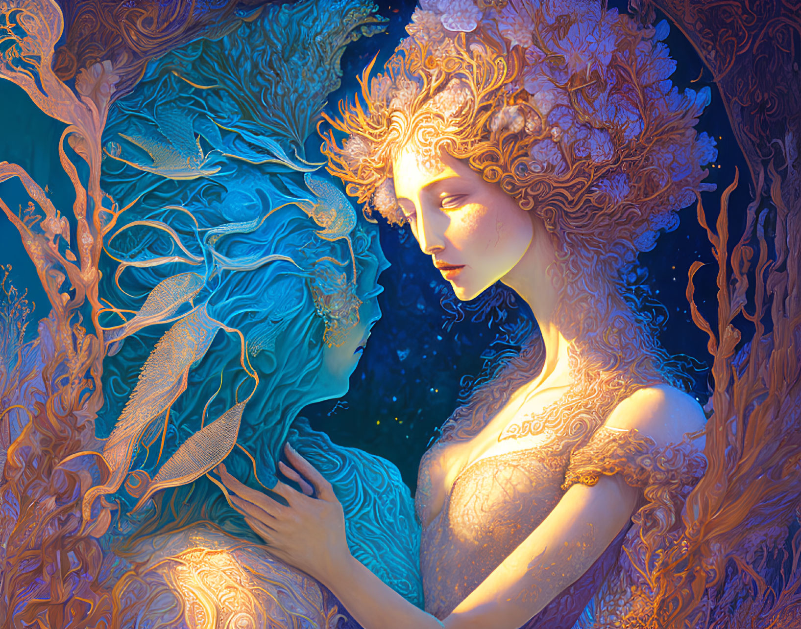 Fantasy illustration of woman and tree spirit in mystical light