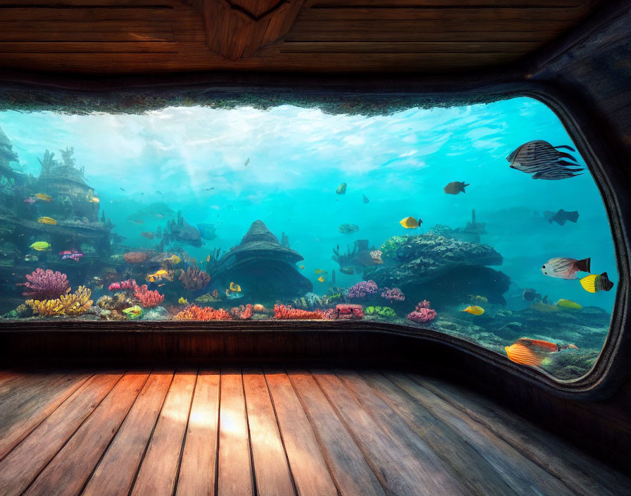 Room with Large Underwater Observation Window Showing Vibrant Coral Reef