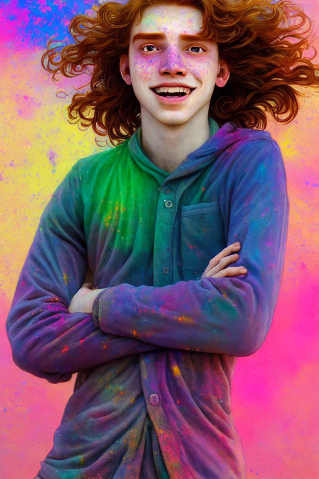 Curly-Haired Youth Smiling in Colorful Paint-Splattered Hoodie