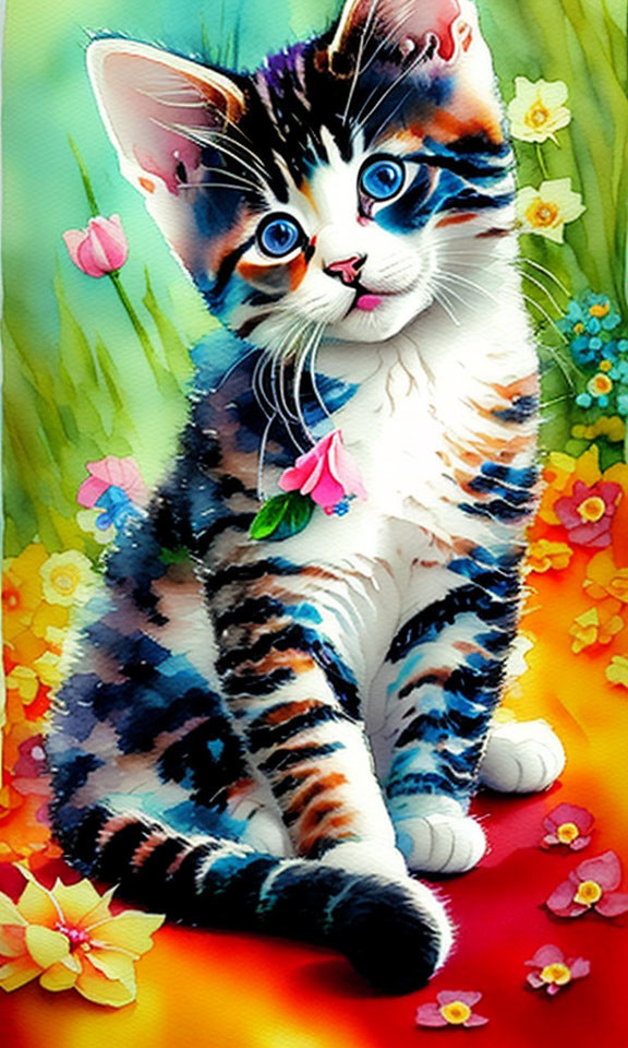 Colorful Painting of Kitten with Blue Eyes and Flowers