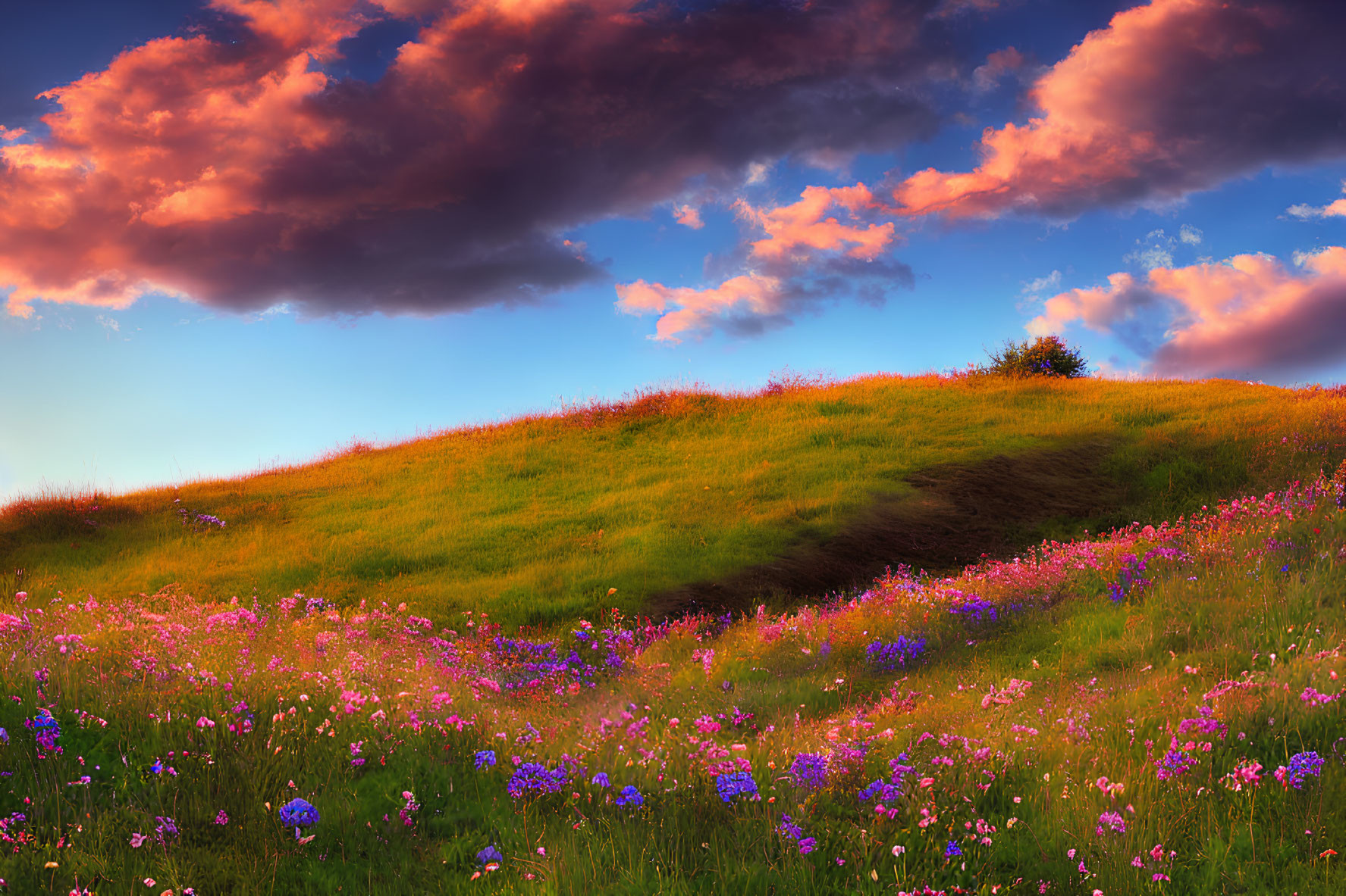 Colorful Wildflower Hill Landscape at Sunset