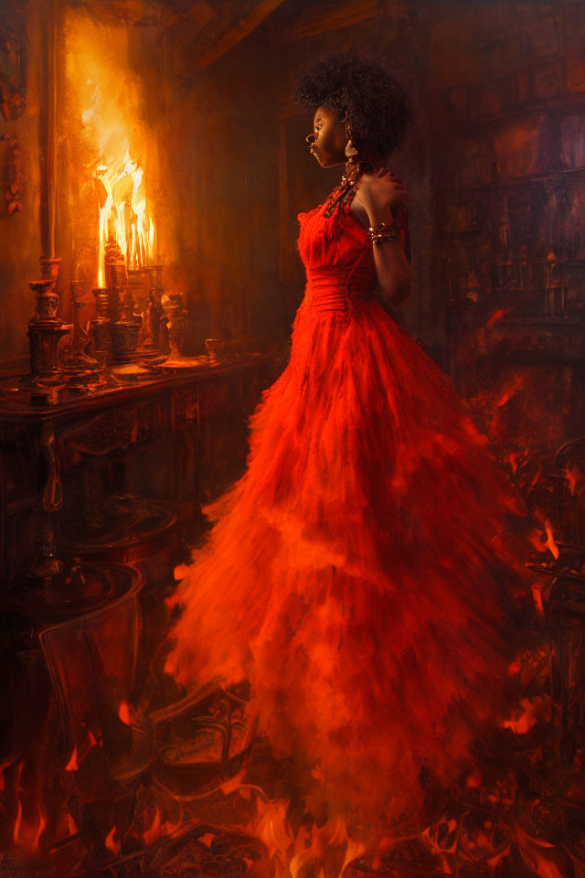 Woman in Red Dress in Vintage Room with Candles and Flames