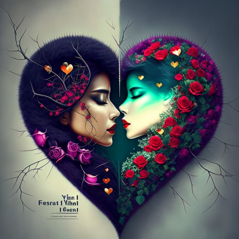 Stylized profile faces in heart shape with roses and nature motifs